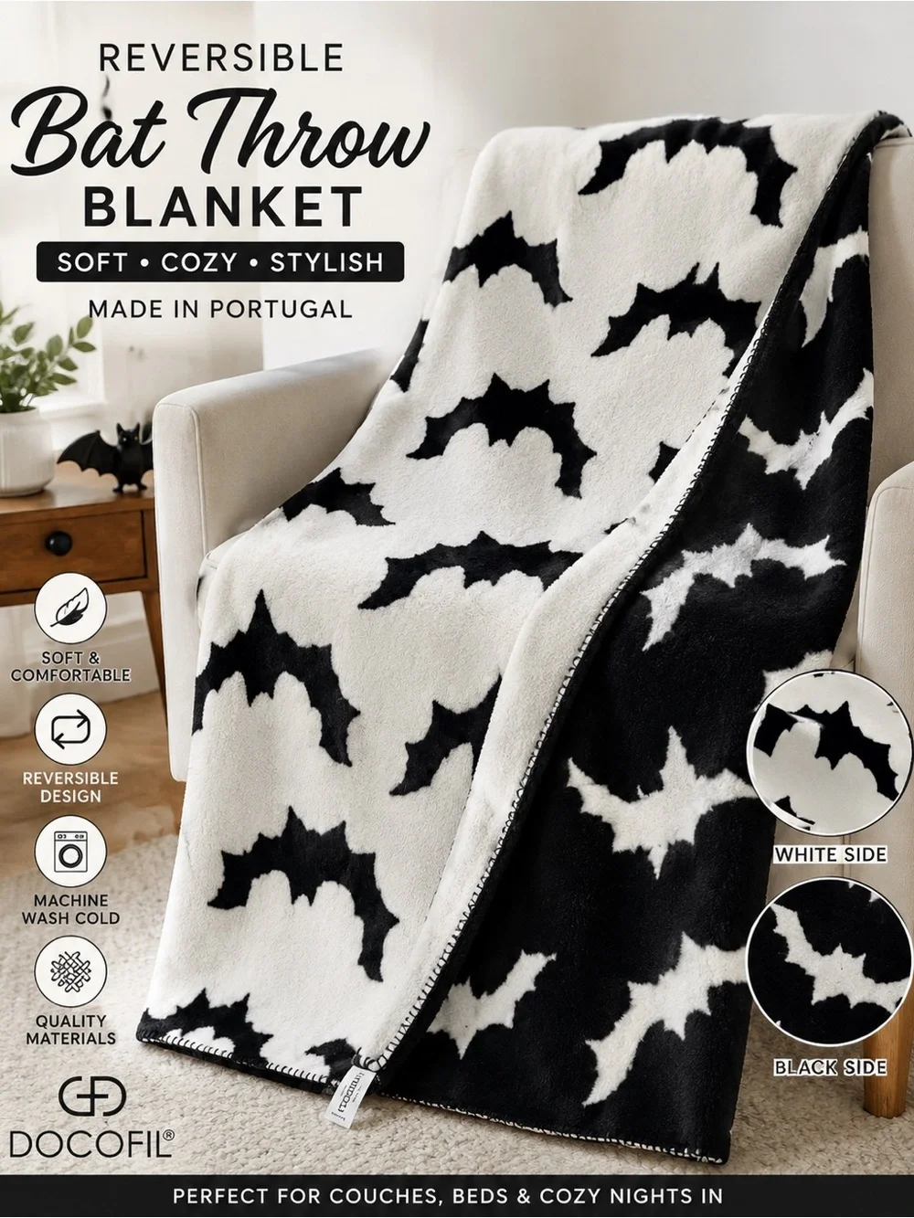 Reversible Black & White Bat Throw Blanket